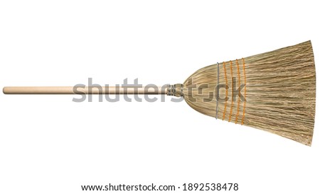 Corn straw Broom. Garden commercial or professional natural organic wooden broom on isolated white background. Tool for home or room Cleaning.