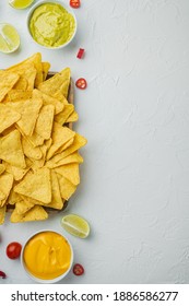 Corn Tortilla Chips Nachos And Dip Sauce, On White Background, Top View Or Flat Lay With Copy Space For Text