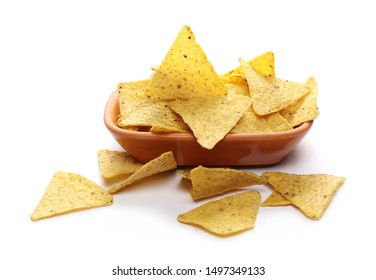 Corn Tortilla Chips Pile In Clay Pot, Bowl Isolated On White Background