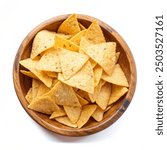 Corn tortilla chips in wooden bowl isolated over white background with clipping path. Top view