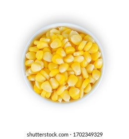 Corn In White Bowl Isolated On White Background. Top View.