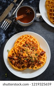 Cornbread Cheddar Wafflaes With Chili Topping Overhead View / Thanksgiving Breakfast