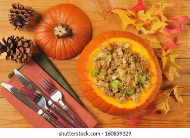 Cornbread Or Herbal Stuffing In A Pumpkin From Above