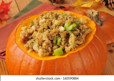 Cornbread Stuffing With Celery And Turkey In A Pumpkin