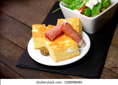 Cornbread Stuffing - Cornbread, Prosciutto And Salad, Healthy Meal On Plate On Rustic Table