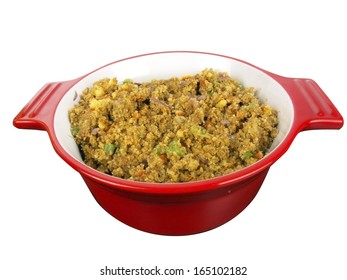 Cornbread Stuffing In A Red Cooking Bowl Isolated On White Background