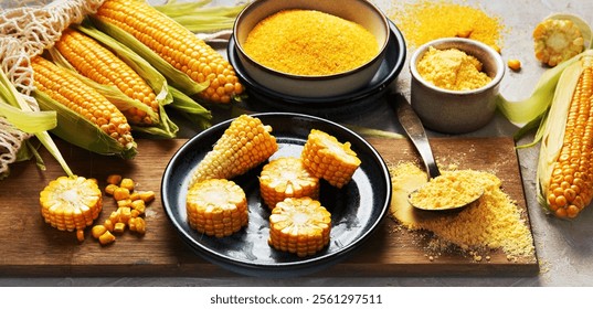 Corncobs and corn groats on gray background. Harvest food concept. panorama