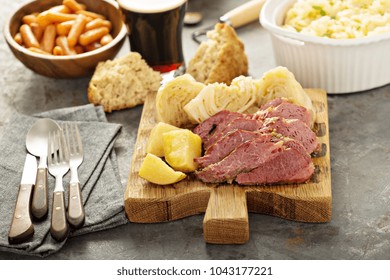 Corned Beef And Cabbage On A Cutting Board, Irish Traditional Dinner