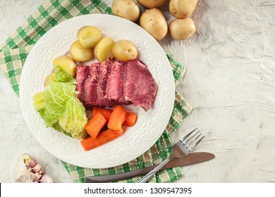 Corned beef and cabbage with potatoes and carrots on St Patrick's Day