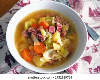Corned beef and cabbage soup bowl - Shutterstock ID 1952929768