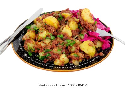 Corned Beef Hash Meal With Pickled Red Cabbage Isolated On A White Background