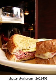 Corned Beef Sandwich And A Pint Of Dark Beer