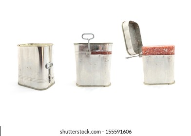 Corned Beef In Tin Over White Background