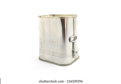 Corned Beef In Tin Over White Background