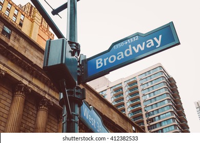 Corner of the Broadway and West 36th Street sign, New York City, USA. New York City, United States famous Broadway sign in Manhattan. Famous broadway street signs in downtown New York