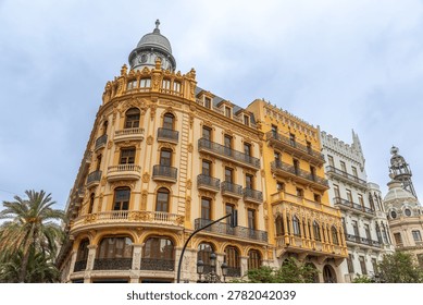 Corner of Casa Ernesto Ferrer and Edificio Noguera on the town hall square in Valencia, Spain
