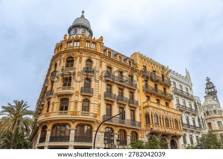 Corner of Casa Ernesto Ferrer and Edificio Noguera on the town hall square in Valencia, Spain