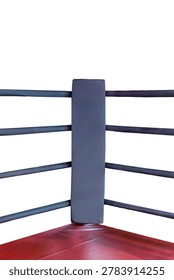 Corner of empty professional boxing ring with dark blue ropes and red mat isolated on white background, training equipment for martial arts and combat sports.