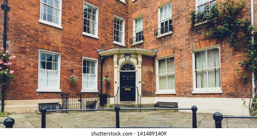 Corner of Georgian Building with Rounded Porch, horizontal photography England 2019