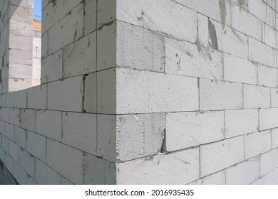Corner Of A House Of A White Wall From Aerated Concrete Block. Construction Concepts.