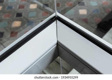 Corner Joint Of A Window Pvc Frame With A Rubber Gasket Or Seal. Shot From Inside.