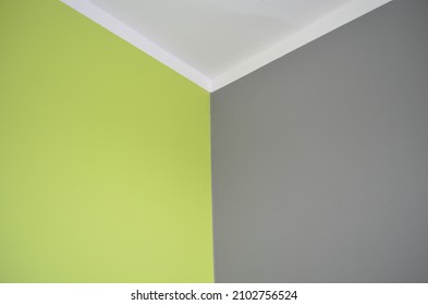 Corner Of A Living Room In A Modern Interior - Ceiling Painted White, One Wall Gray And The Other Green (lime Green)