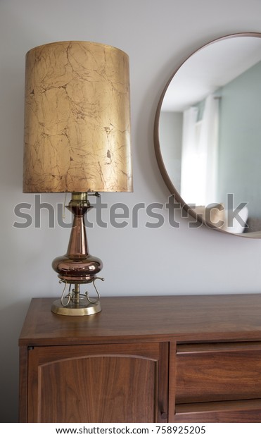 Corner Midcentury Modern Bedroom Grey Walls Stock Photo