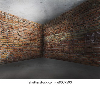 Corner Of Old Dirty Interior With Brick Wall, Empty Room