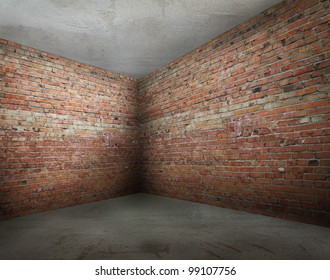 Corner Of Old Dirty Room With Brick Wall, Empty Room