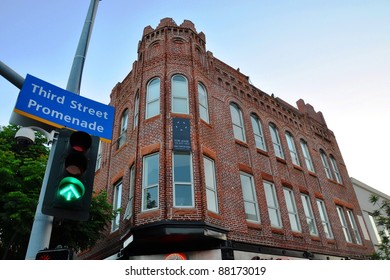 A Corner Red Brick Building At Third Street Promenade, Santa Monica, Los Angeles, United States Of America