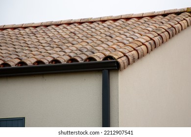 Corner Single Private New Modern House With Gutter Roof Pipe And Wall