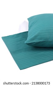 Corner Of A Soft Pillow In A New Colored Cotton Fiber Pillowcase. Satin Stripe Material To Protect And Decorate The Pillow. Bed Linen For Home And Hotels