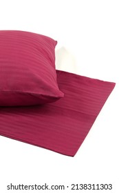 Corner Of A Soft Pillow In A New Colored Cotton Fiber Pillowcase. Satin Stripe Material To Protect And Decorate The Pillow. Bed Linen For Home And Hotels