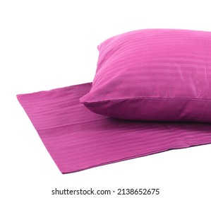 Corner Of A Soft Pillow In A New Colored Cotton Fiber Pillowcase. Satin Stripe Material To Protect And Decorate The Pillow. Bed Linen For Home And Hotels