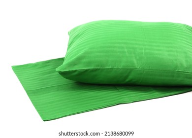 Corner Of A Soft Pillow In A New Colored Cotton Fiber Pillowcase. Satin Stripe Material To Protect And Decorate The Pillow. Bed Linen For Home And Hotels