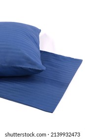 Corner Of A Soft Pillow In A New Colored Cotton Fiber Pillowcase. Satin Stripe Material To Protect And Decorate The Pillow. Bed Linen For Home And Hotels