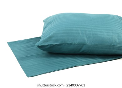 Corner Of A Soft Pillow In A New Colored Cotton Fiber Pillowcase. Satin Stripe Material To Protect And Decorate The Pillow. Bed Linen For Home And Hotels