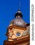 Corner turret of the historic architecture of Hubendick House, a residential and commercial building from 1889, in the historic city centre of Karlskrona, Blekinge, Sweden.