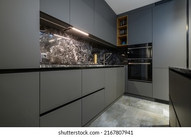 Corner view closeup to grey luxury kitchen - Shutterstock ID 2167807941