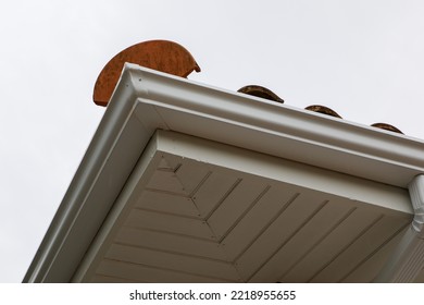 Corner Of White New Modern House Aluminum Roof Gutter On Facade Home