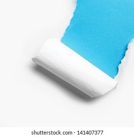 Corner White Torn Paper With Blue Background, Ready For Your Design