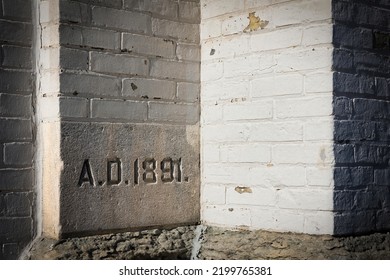 The cornerstone of Saint Luke Catholic Church, built in 1891 and on the National Register of Historic Places, at Two Rivers, Wisconsin. - Shutterstock ID 2199765381
