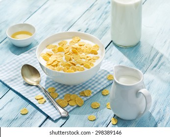 Cornflakes Cereal And Milk. Morning Breakfast.