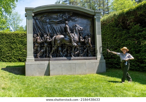 Cornish, New Hampshire -2022: Saint Gaudens\
National Historical Park. Shaw Memorial, Monument to Civil War\
Massachusetts 54th Regiment of African American Volunteers in\
Boston. Female Ranger\
talks.