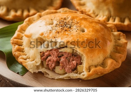 Cornish Pasty : an authentic British pastry made with beef, potato and hand pie, a staple of British cuisine, perfect for restaurant menus and food blogs, a standout choice for menu design