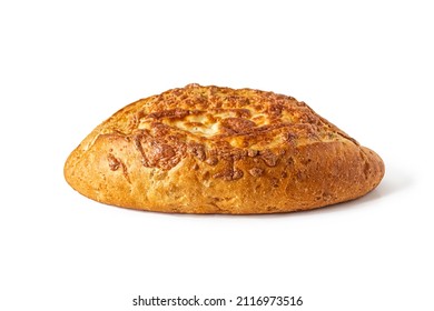 Cornmeal Bread, With An Appetizing Golden Crust With Toasted Cheese, Isolated On A White Background