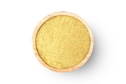 Cornmeal Polenta In Wooden Bowl Isolated On White Background. Top View. Flat Lay.