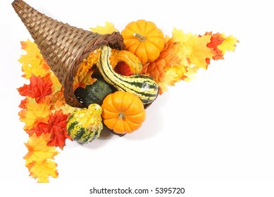 Cornucopia Border On White With Autumn Leaves