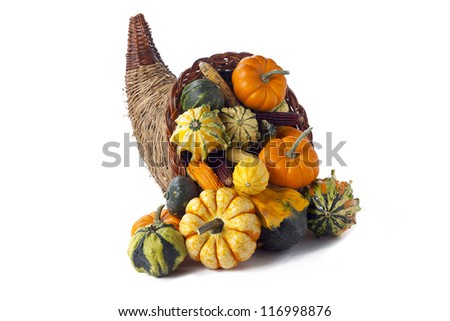 Cornucopia of gourds on white.
