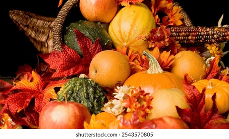 Cornucopia with gourds, pumpkins, apples, multicolored Indian corn, fall leaves, autumn colors, warm lighting, harvest theme, festive decorations, seasonal bounty, Thanksgiving display. - Powered by Shutterstock